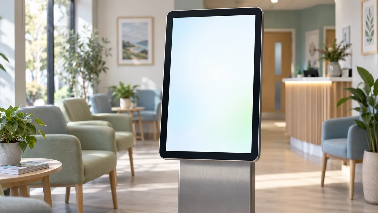 Conceptual patient-access kiosk in a modern GP-practice waiting room.