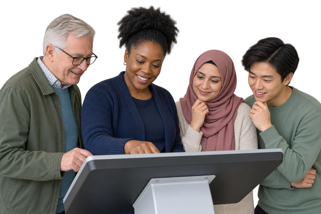 Illustrative diverse group of adults exploring a digital touchpoint with a community support facilitator.