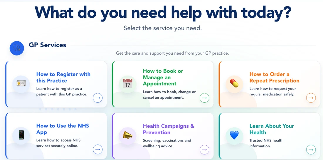 Actual PracticeLingo patient Menu screen, showing primary-care guidance, NHS App, campaigns and Learn.